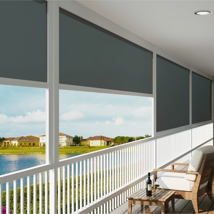 Custom exterior solar shades on a covered patio