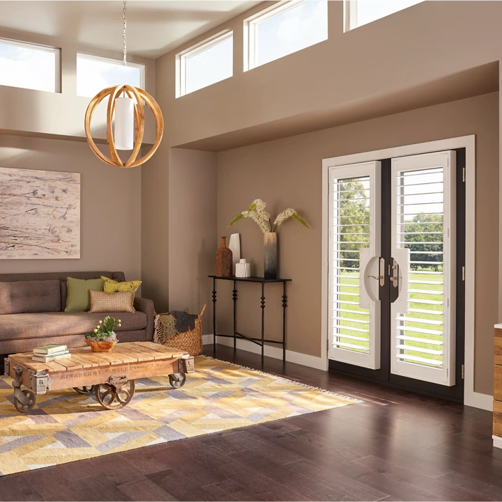 Polyresin plantation shutters on French doors